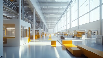 A bright, modern industrial space with open areas and minimalist design.