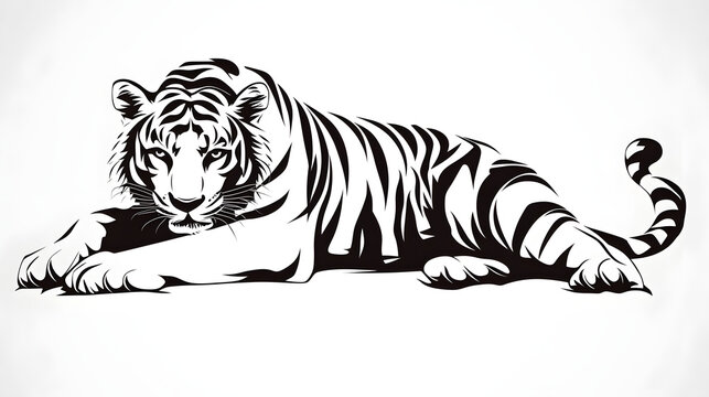 A sleek vector of a crouching tiger with sharp black outlines and a white body, designed for powerful, bold logos or advertisement designs.