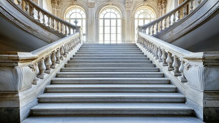 Elegant marble staircase with intricate railing and large windows, showcasing timeless architectural beauty and sophistication.