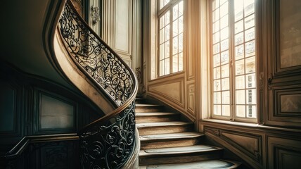 Elegant spiral staircase with intricate railing, soft light filtering through large windows, showcasing classic architecture.