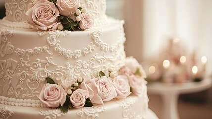 Elegant wedding cake adorned with delicate lace and soft pink roses, perfect for a romantic celebration.