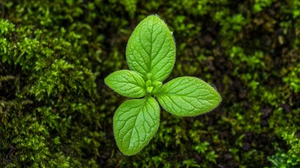 Flourishing Sprout in Mossy Ecosystem with Delicate Ferns and Fungi - Detailed Textures of Nature's Harmony