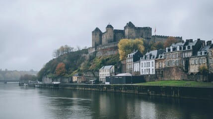 Fototapeta premium A view of Namur Citadel perched on a hill overlooking the Meuse River in Belgium.