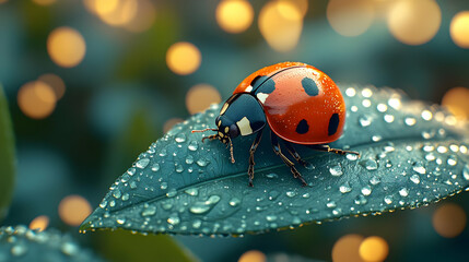 3D Illustration of a Ladybug on a Dew-Covered Leaf