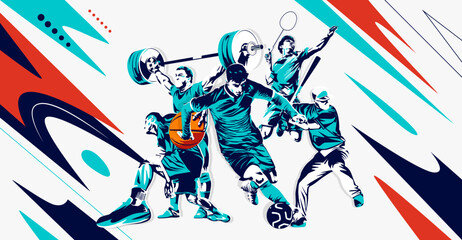 celebration of national sports day with athletes from football, badminton, basketball, weightlifting and base ball. National sports game concept. grunge style athlete silhouette. Healthy exercise
