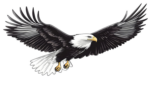 A vector of a soaring eagle with sharp black outlines and a white body, designed for corporate logos, banners, or outdoor-themed advertisements.