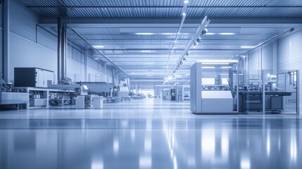 Fototapeta premium Wide shot of a factory environment, highlighting advanced machinery and a clean, organized workspace