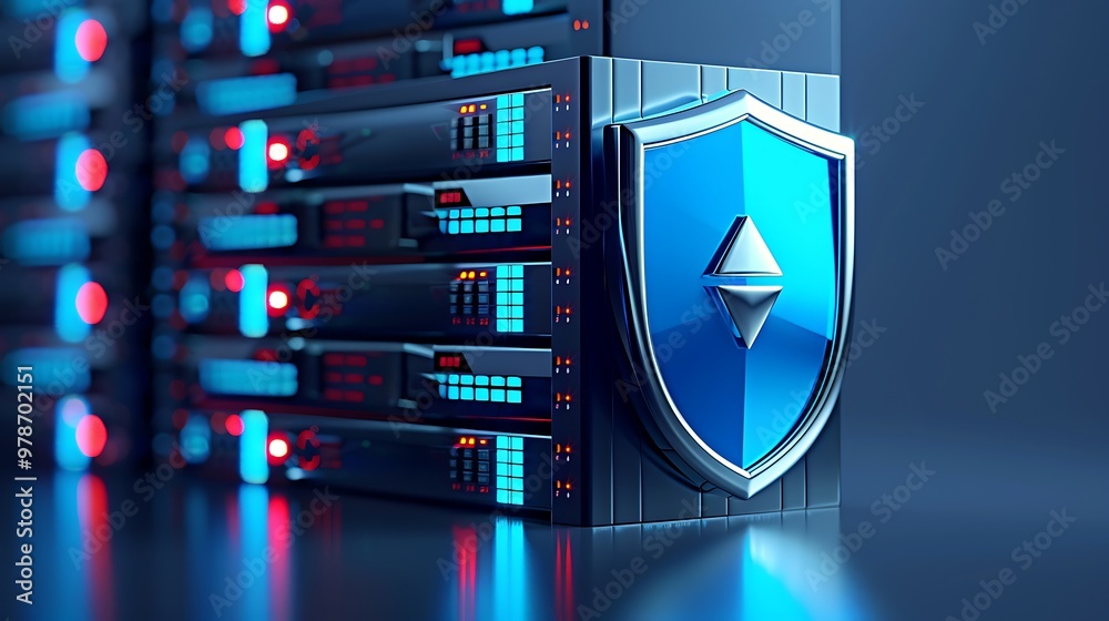 Poster a modern data center showcasing secure server technology with a digital shield symbolizing cybersecu