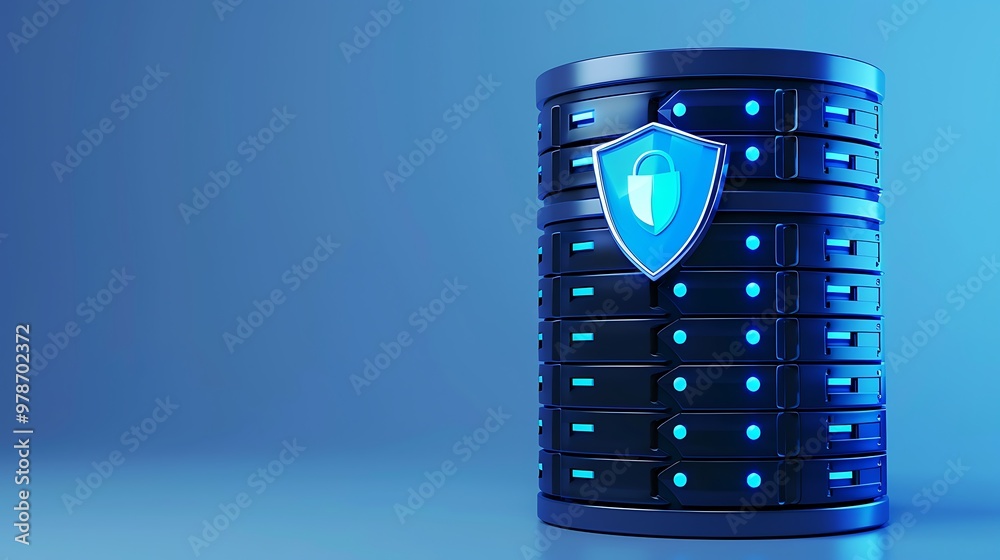 Poster a modern data server featuring a digital shield symbolizing cybersecurity and data protection in a b