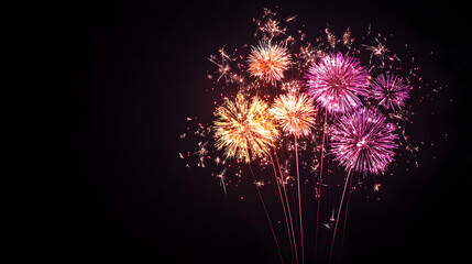 Colorful Fireworks Displaying in the Night Sky,  A Spectacular Celebration of Light and Sound with Bright Colors and Dramatic Shapes