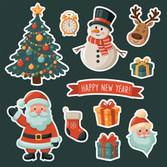 A collection of Christmas stickers featuring Santa Claus, a snowman, a Christmas tree and more. Stickers create a festive and joyful mood.