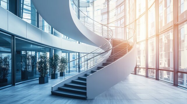Modern spiral staircase in a bright, spacious interior with large windows, creating an elegant and inviting atmosphere.