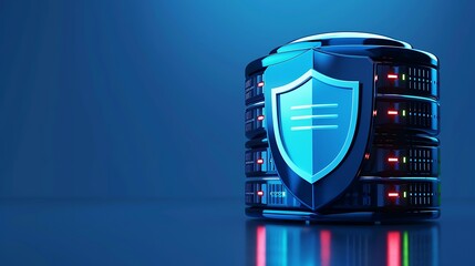 A modern data server protected by a shield symbol, representing cybersecurity and data protection concepts in a digital environment.