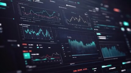Digital dashboard displaying financial data and analytics with various graphs and charts.