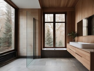 Obraz premium Modern bathroom with wooden accents, a bathtub, and a view of the forest