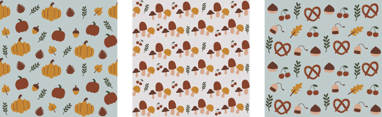 Fototapeta premium Hand drawn seamless pattern illustration collection set of cute autumn holiday. Pastel hand drawn concept. For wallpaper, texture, background, gift wrap, print, background, textile, card