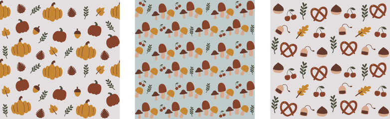 Hand drawn seamless pattern illustration collection set of cute autumn holiday. Pastel hand drawn concept. For wallpaper, texture, background, gift wrap, print, background, textile, card
