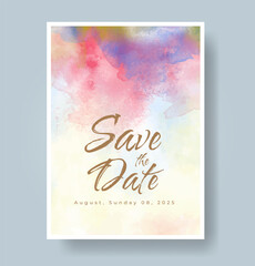 Wedding card invitation template with hand painted watercolor splash