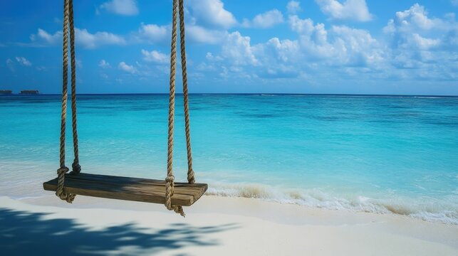 A wooden swing hanging over the beach in the Maldives, overlooking the turquoise sea.