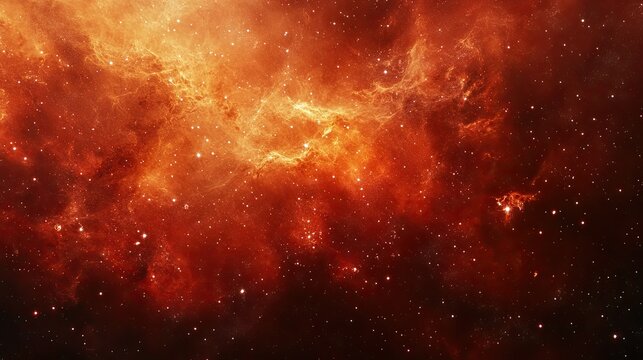 Abstract cosmic nebula in shades of red and orange, with stars twinkling against the deep blackness of space
