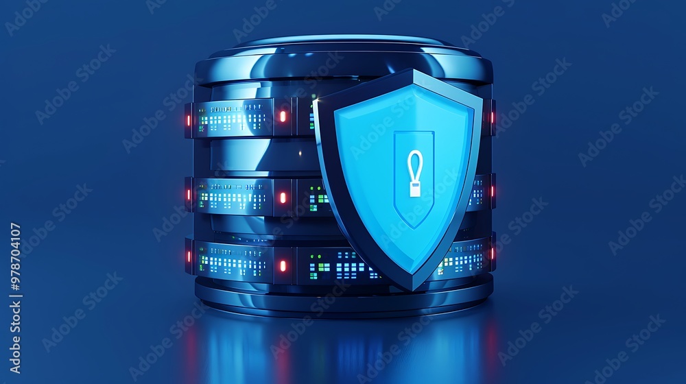 Poster a modern data server with a shield, symbolizing cybersecurity and data protection in digital technol