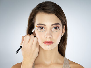 Woman, drawing and lines in studio for plastic surgery, chin augmentation and cosmetic procedure....