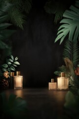 Luxury perfume bottles with tropical leaves on dark background for beauty and fragrance