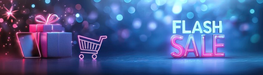 Flash sale banner with neon shopping cart, gifts and glowing lights on a festive background