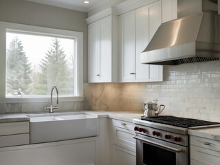 Modern Kitchen with White Cabinets, Stainless Steel Range Hood, and Double Sink