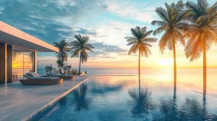 Obraz premium Serene sunset view over a luxurious villa pool, surrounded by palm trees and vibrant sky reflections on water.