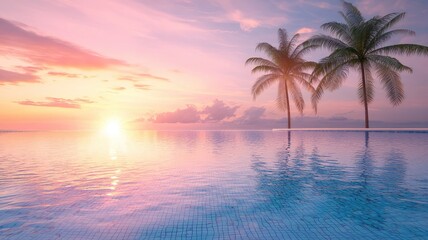 Serene sunset over a tranquil pool with palm trees, reflecting vibrant hues of pink and orange in a peaceful tropical paradise.