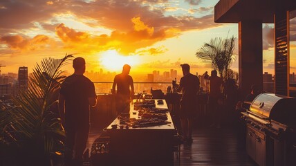 Fototapeta premium Silhouetted figures at a rooftop barbecue during sunset, creating a warm and inviting atmosphere for outdoor gatherings.