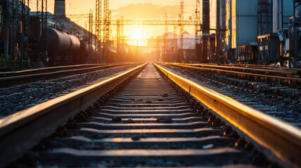 Serenity of an industrial sunset, highlighting railway tracks stretching into the distance, evoking a sense of adventure and journey.