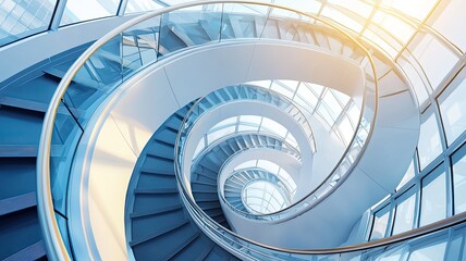 Obraz premium Stunning spiral staircase in modern architecture, showcasing elegance and light through glass, perfect for interior and design themes.