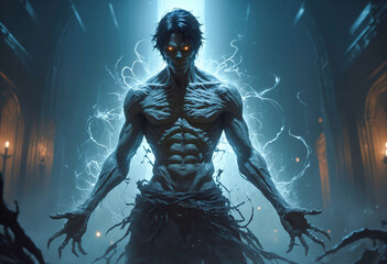 Fototapeta premium A powerful vampire with glowing red eyes stands in the darkness, surrounded by electrical energy. Generative AI