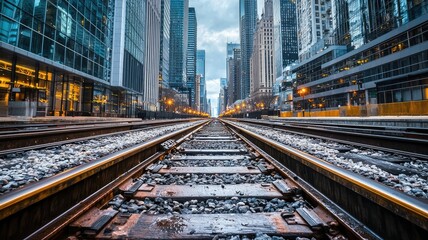 Fototapeta premium Urban railway tracks stretch through a bustling cityscape, surrounded by towering skyscrapers under a dramatic sky.