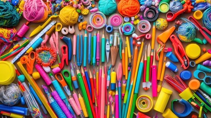 A vibrant array of craft supplies including yarn, pens, scissors, and colorful materials.