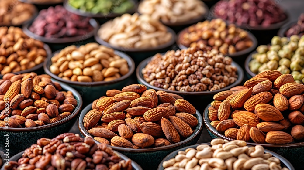Poster dried nuts and fruits background : generative ai