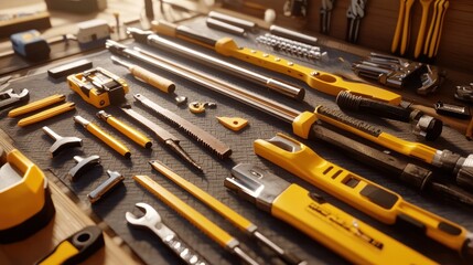 A collection of yellow-handled tools arranged neatly on a workbench for maintenance tasks.