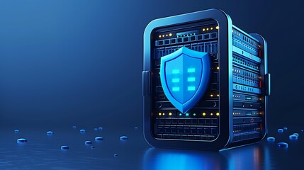 A modern server with a digital shield symbolizing data protection and cybersecurity in a vibrant blue environment.