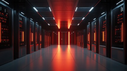 A futuristic server room illuminated with red lights, showcasing advanced technology.