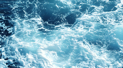 Abstract Blue Ocean Water Texture With White Foam, a Close-Up Photograph of the Ocean's Surface, Capturing the Whimsical Movement of Waves, an Abstract Background.