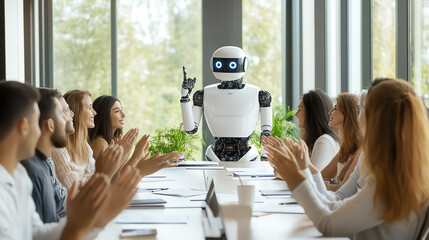 office meeting with robot, AI generated