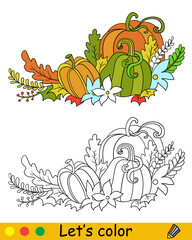 Cute Halloween pumpkins and grass vector coloring illustration