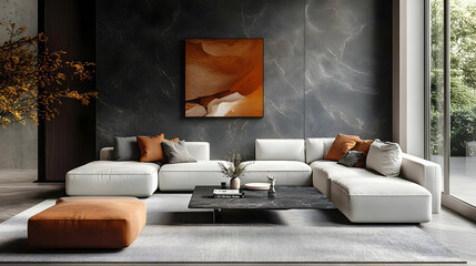 Modern Living Room Interior Design with White Sofa, Black Marble Coffee Table and Abstract Artwork