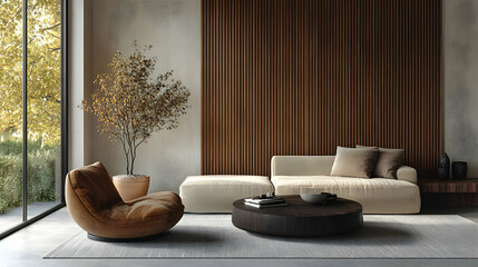 Modern Living Room Interior Design with Brown Leather Chair, Beige Sofa and Wooden Wall Panels - 3D Illustration