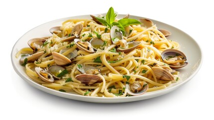 From Above Spaghetti with Clams and Basil in Simple Composition Highlighting Texture, Colors, and Fresh Ingredients - A Delicious Italian Dish Captured in Warm and Inviting Tones with Natural Lighting