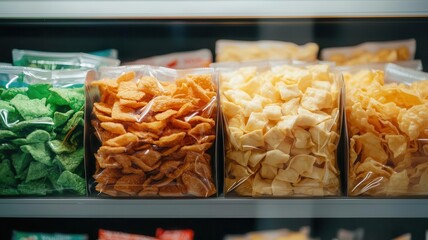 Packaged tofu snacks in a vending machine, brightly colored packaging and clean backdrop