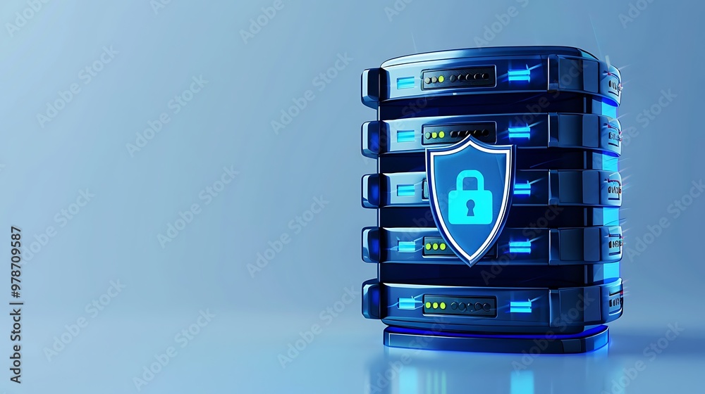 Poster a secure data server with a shield, symbolizing data protection and cybersecurity in a modern digita