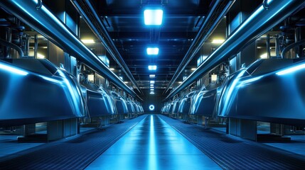 Fototapeta premium A futuristic industrial corridor with glowing blue lights and sleek machinery.